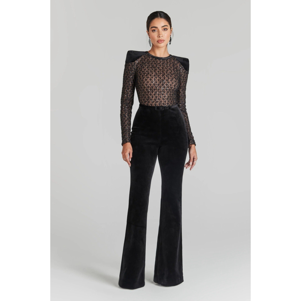 NWT Nadine Merabi Amanda Velvet Black Lace Jumpsuit Sequin UK 14 US 10 No Belt